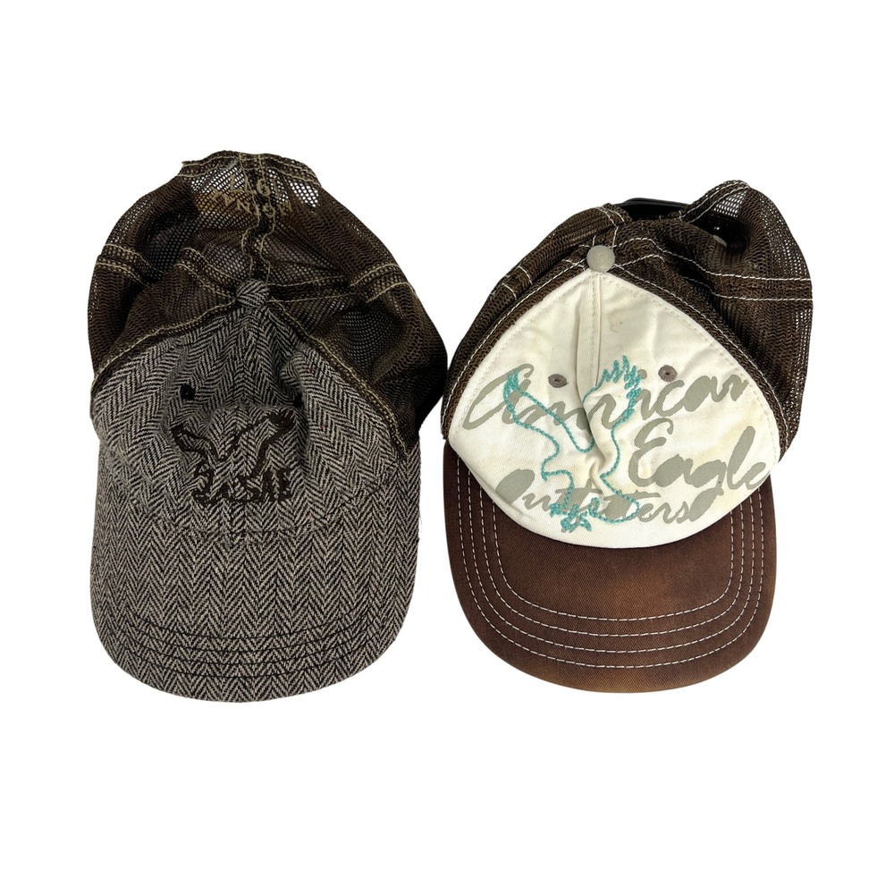 Vintage Y2K American Eagle Outfitters Trucker Hat Bundle Brown Herringbone 2pc